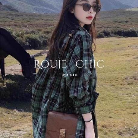 法国rouje chic法式绿色格子防晒衬衫女早春设计感复古风宽松上衣