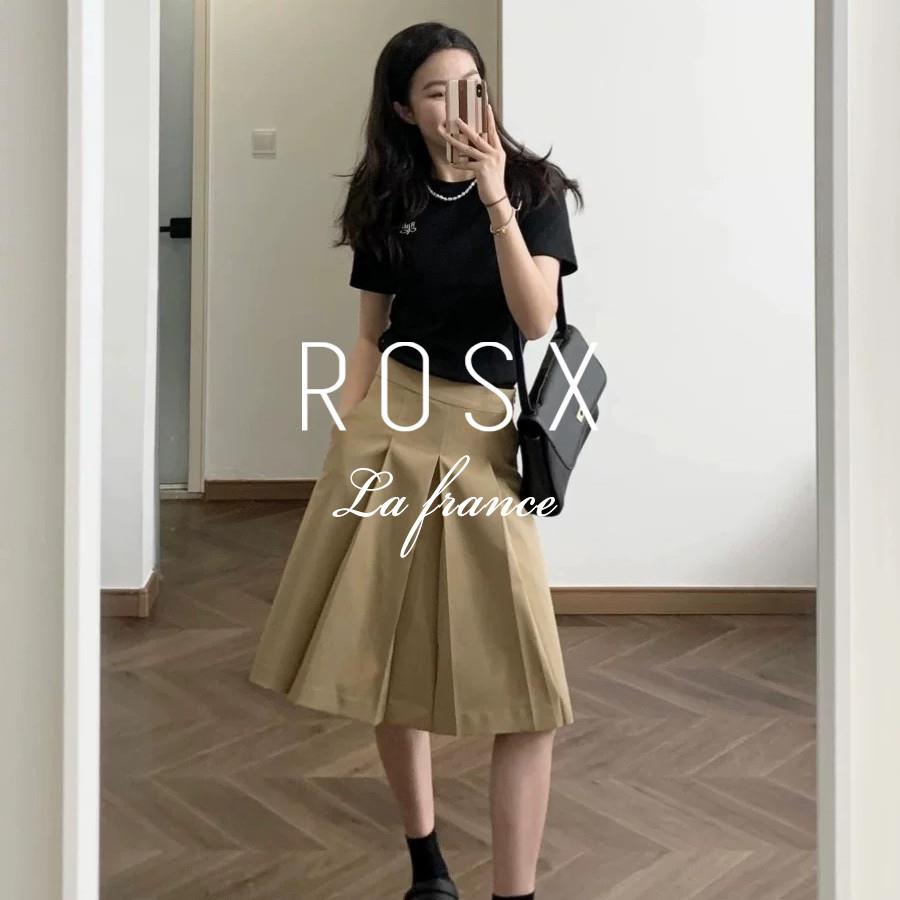 ROSX法式时髦复古卡其色压褶半身裙女夏季A字百褶裙通勤百搭裙子