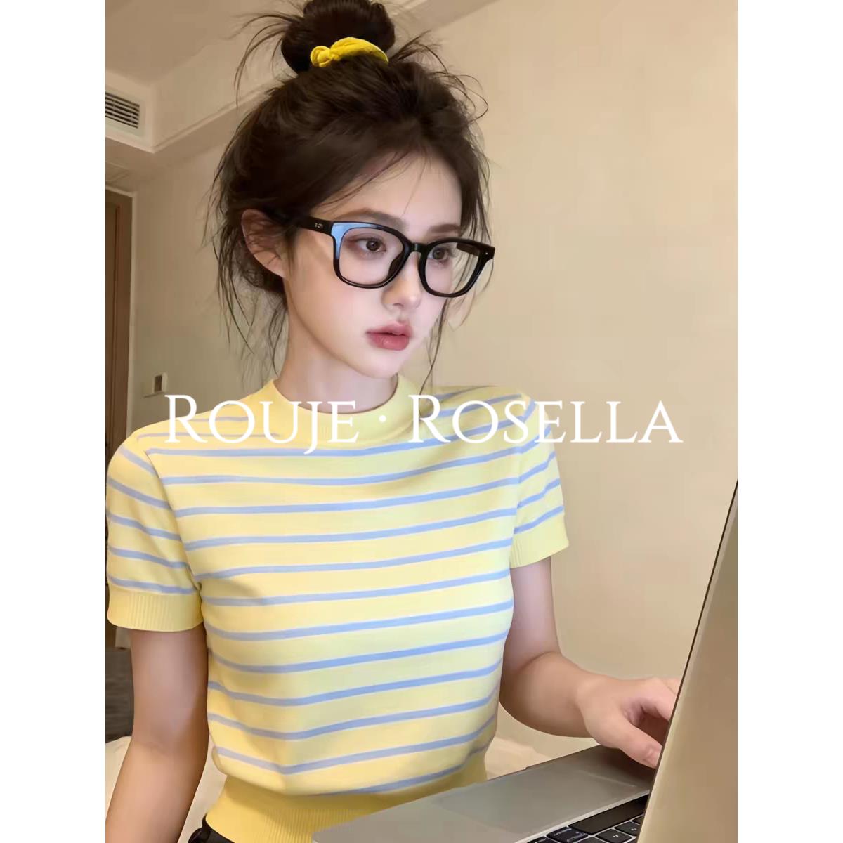 法国Rouje Rosella温柔减龄风条纹短袖针织衫女夏宽松百搭上衣
