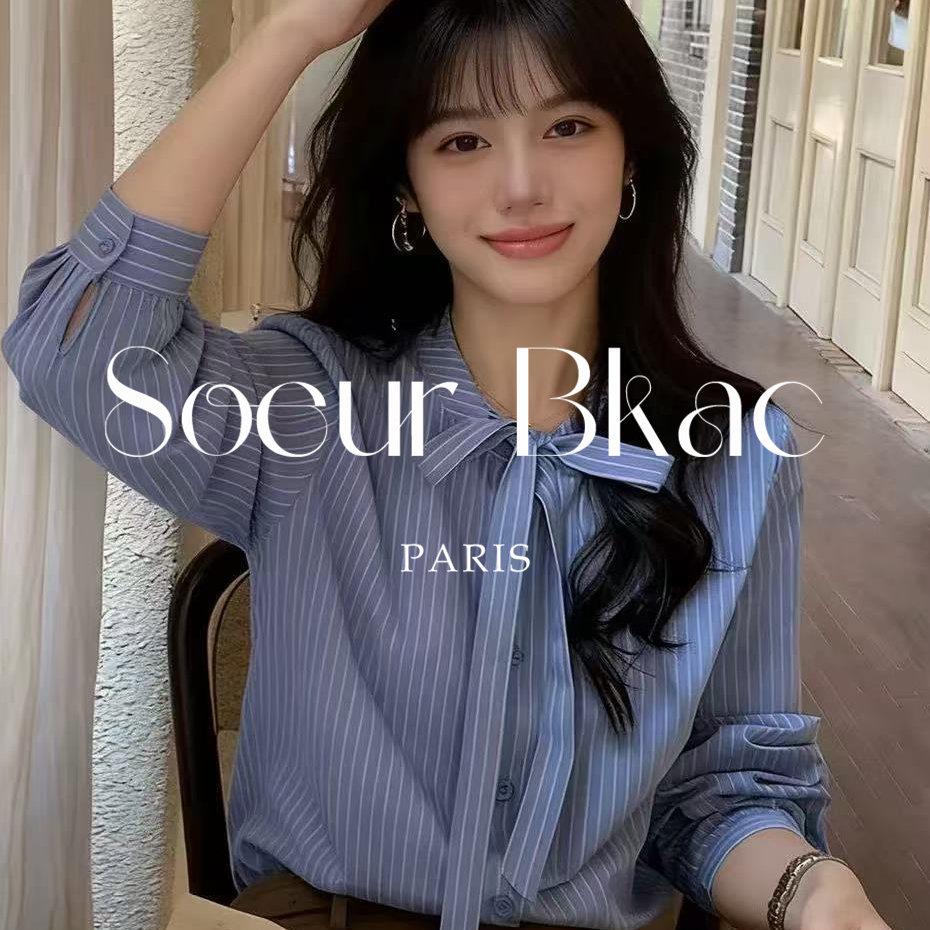 法国SOEUR BKAC春蓝色蝴蝶结条纹长袖衬衫女法式系带休闲内搭上衣