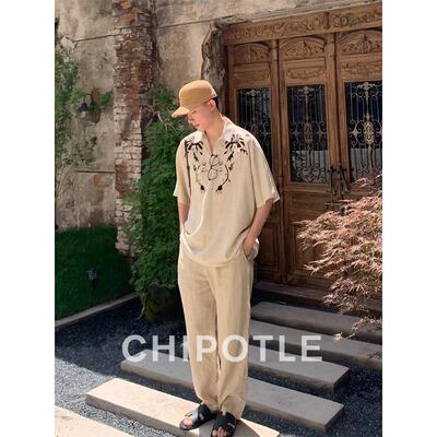 韩国CHIPOTLE美式复古刺绣重磅衬衫男士2026夏季亚麻休闲透气短袖