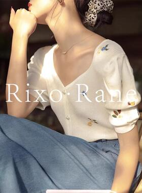 法国Rixo Rane ⭐设计感泡泡袖冰丝绣花针织衫t恤女夏v领短袖上衣