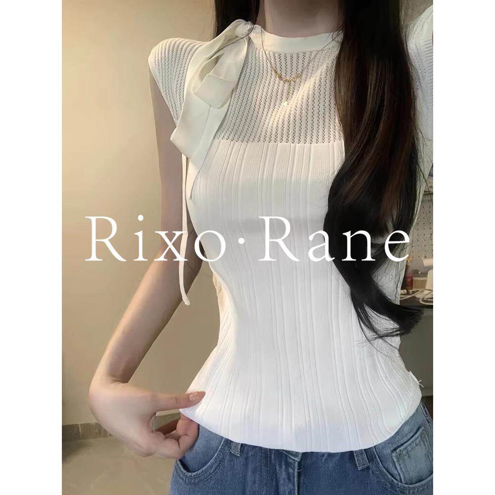 法国Rixo Rane 一见倾心⭐法式纯欲蝴蝶结带镂空短袖t恤针织上衣