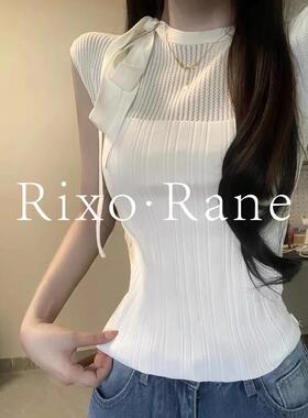 法国Rixo Rane 一见倾心⭐法式纯欲蝴蝶结带镂空短袖t恤针织上衣