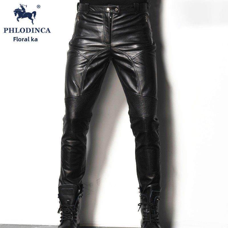 PHLODINCA 时尚海宁真皮皮裤男冬季牛皮防风修身哈雷机车骑行裤