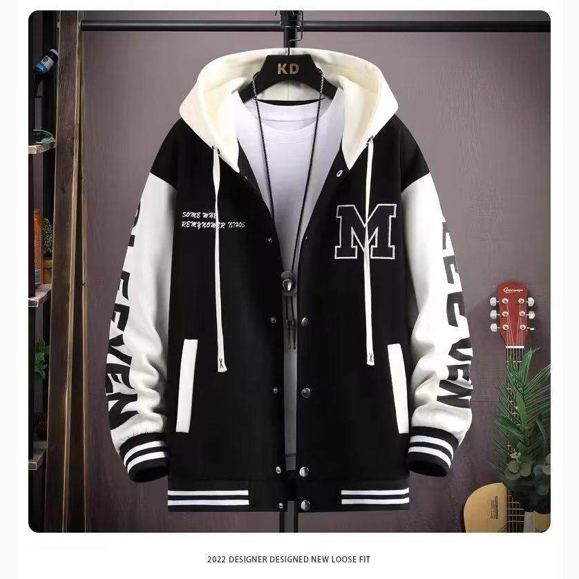 高中生连帽夹克男秋冬季青少年宽松休闲棒球服加肥加大码胖子外套