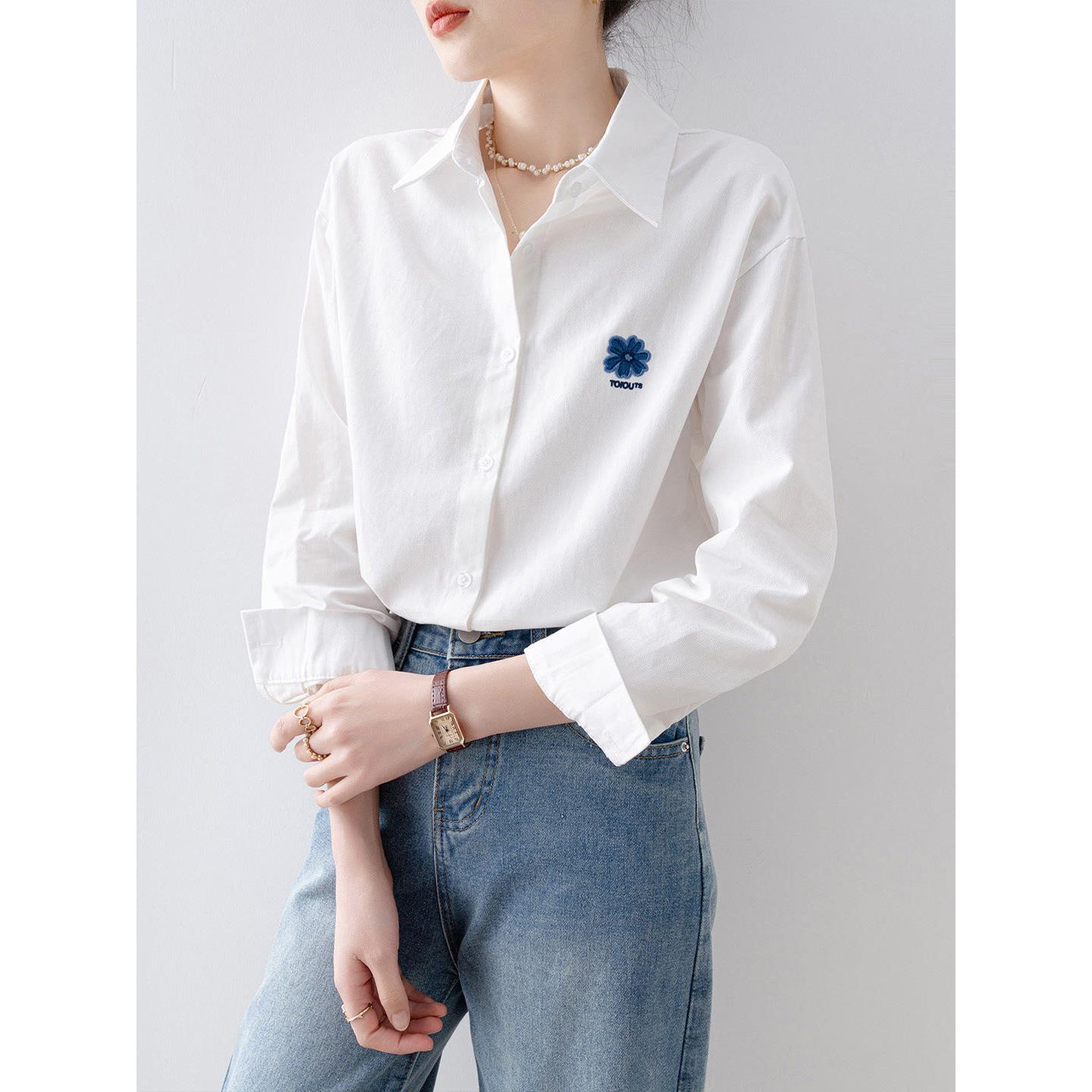 Canary Kiss白色刺绣花朵衬衫女春季长袖翻领通勤百搭气质上衣服