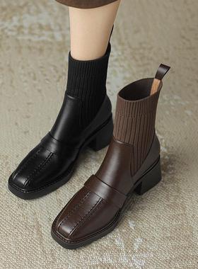 A.D Hepburn~法式秋冬季靴子短靴女真皮瘦瘦靴厚底马丁靴针织袜靴
