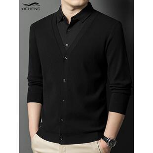 领假两件T恤打底衫 YICHENG秋冬男式 休闲衬衫 中年时尚 毛衣 针织开衫