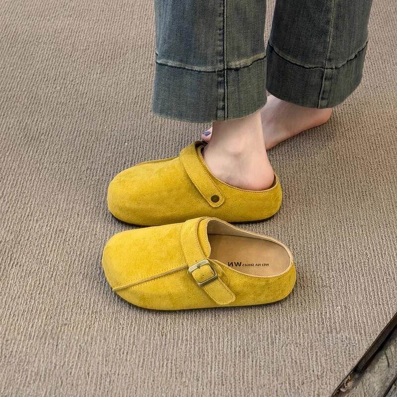 英国真皮黄色厚底勃肯鞋女春夏季外穿2025新款一脚蹬包头半凉拖鞋