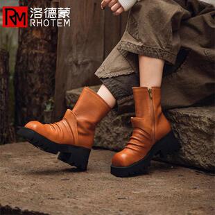洛德蒙秋冬新款真皮厚底中筒靴子女英伦风马丁靴复古方头牛皮短靴