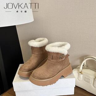 JOVKATTI粗跟厚底加绒靴子女2025新款冬中跟磨砂保暖翻毛栗色短靴