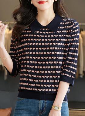 娃娃领条纹中袖三分之袖上衣女士春季和秋季2025新针织底衬衫西式