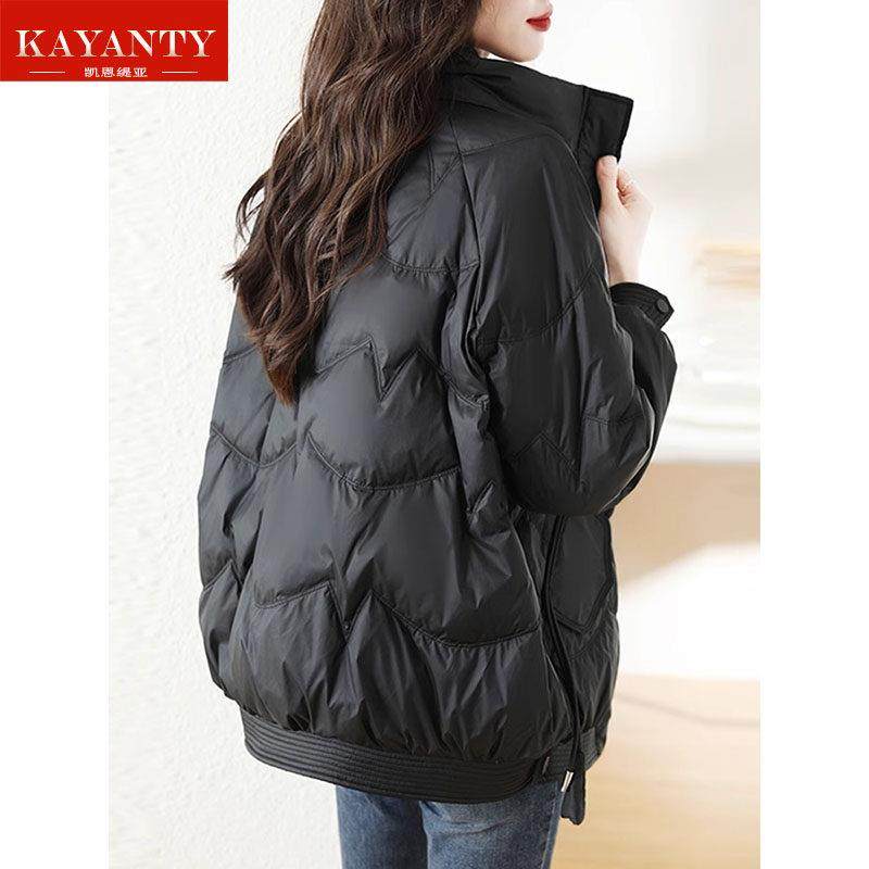 KAYANTY黑色轻薄羽绒服女士短款冬季立领小香风菱形格白鸭绒外套
