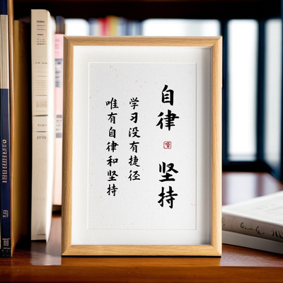 自律坚持励志书法摆台座右铭书房桌面装饰字画挂画相框摆件礼物