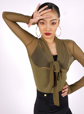 NF Dance宁方新款拼接网纱长袖绑蝴蝶结大V领连体上衣#176