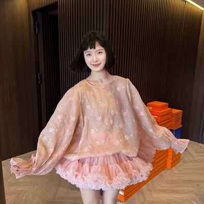 wyd小樱桃【桃花源】夏季100苎麻中式圆领烧花立体宽松荷叶袖上衣