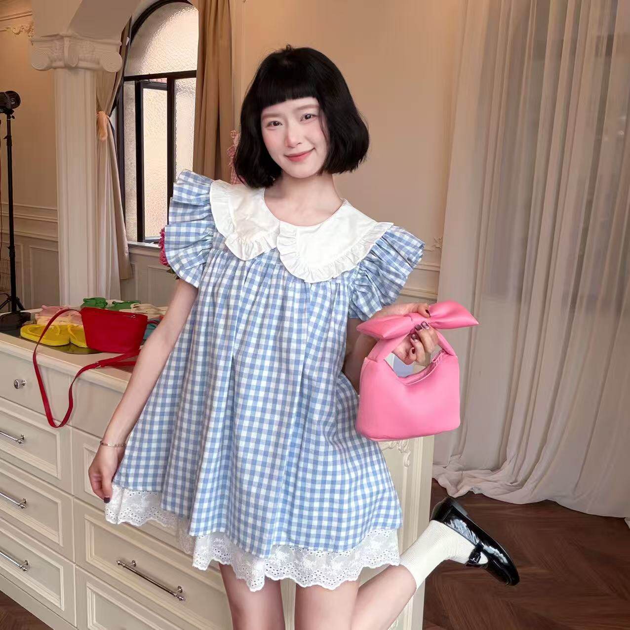 wyd小樱桃  可爱娃娃领飞飞袖蓝色格子宽松小棉裙