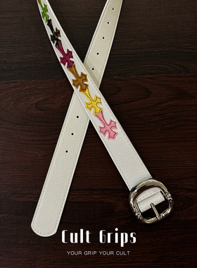Cult Grips 情侣款Vintage中古拼皮十字架藤蔓针扣男女皮带腰带