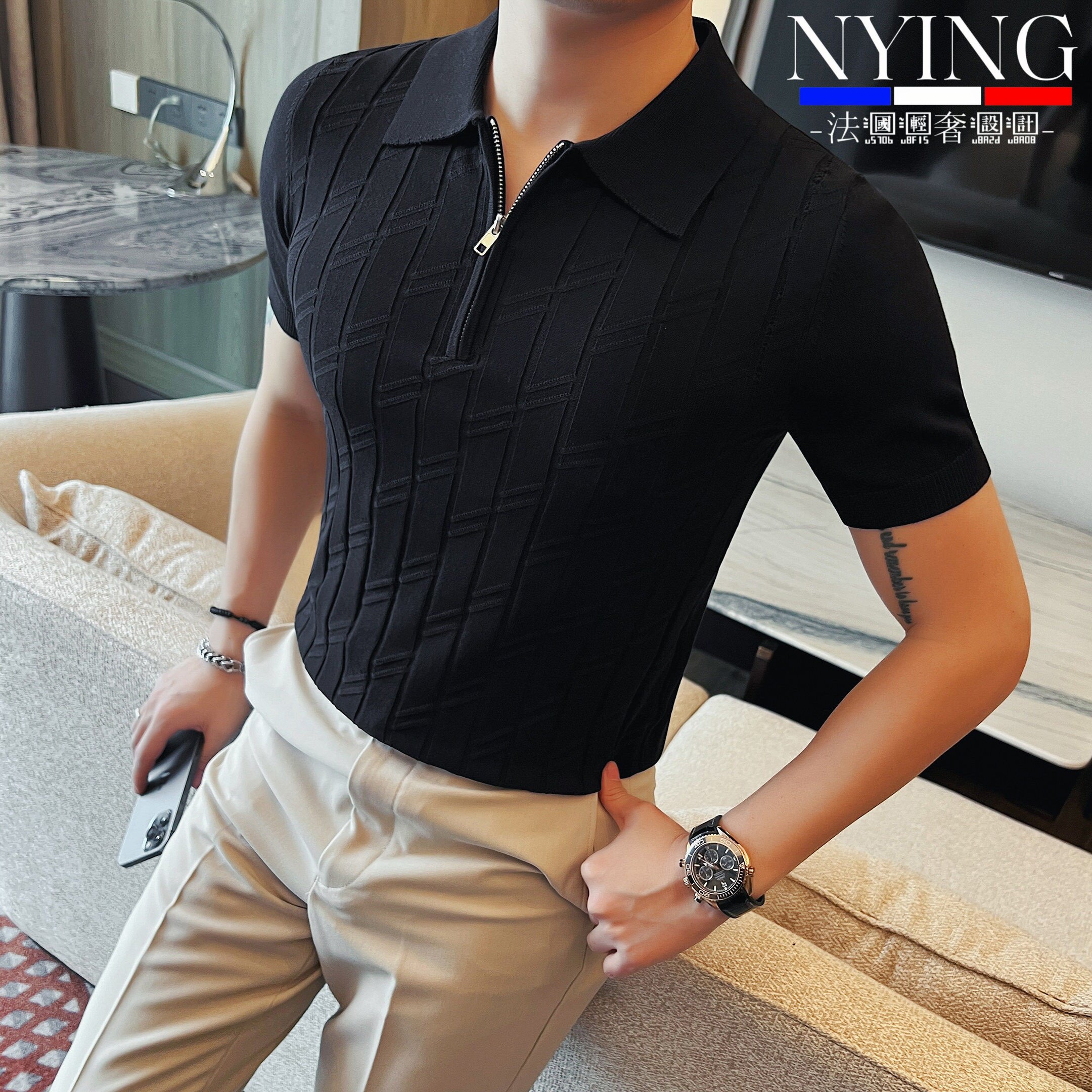 NYING法国轻奢针织薄款半拉链polo衫男短袖夏季冰丝凉感修身T恤