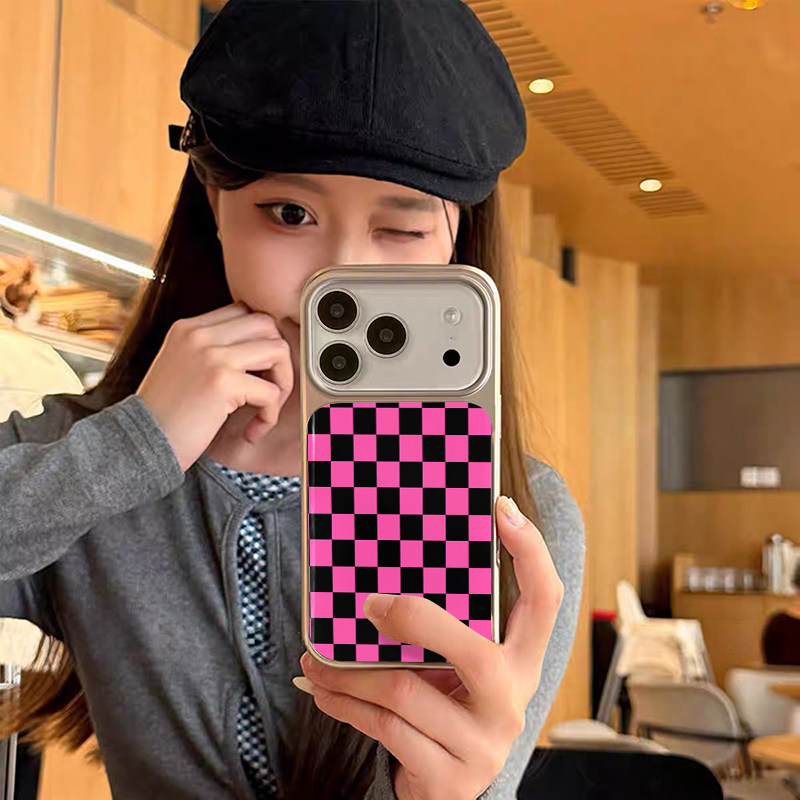 粉色辣妹格子 原创小众高级感适用iPhone17promax手机壳苹果16pro防摔14硅胶软壳13银色12女生17不会撞壳15