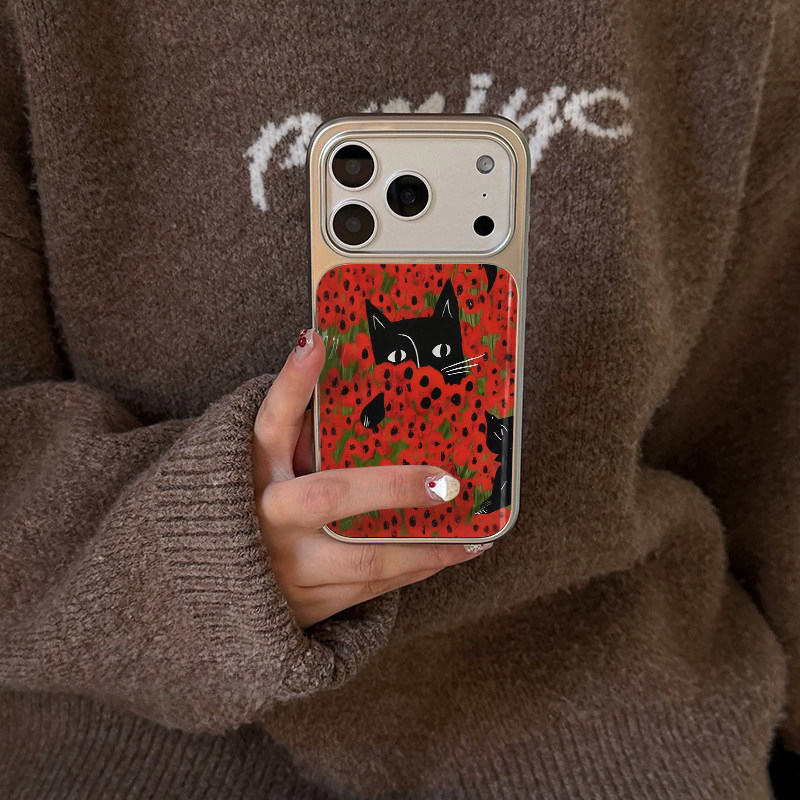 玫瑰花黑猫原创小众高级感适用iPhone17promax手机壳苹果16pro防摔14硅胶软壳13银色12女生17不会撞壳15