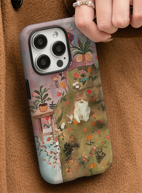 韩国油画猫咪花园适用于苹果IPhon15pro/16promax/15/14/13/11/xr菲林小众高级感不会撞壳手机壳14promax个性