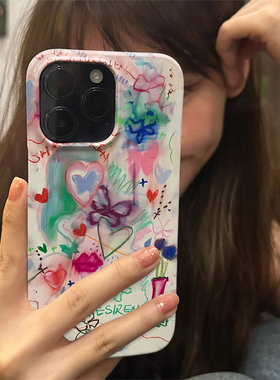 韩国油画彩绘蝴蝶适用于苹果IPhon15pro/16promax/15/14/13/11/xr菲林小众高级感不会撞壳手机壳14promax个性