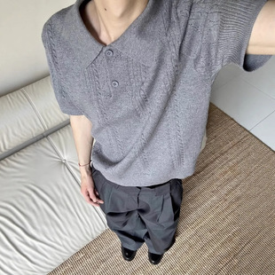 灰色麦穗提花针织Polo衫 男cleanfit亨利翻领短袖 T恤美式 复古半袖