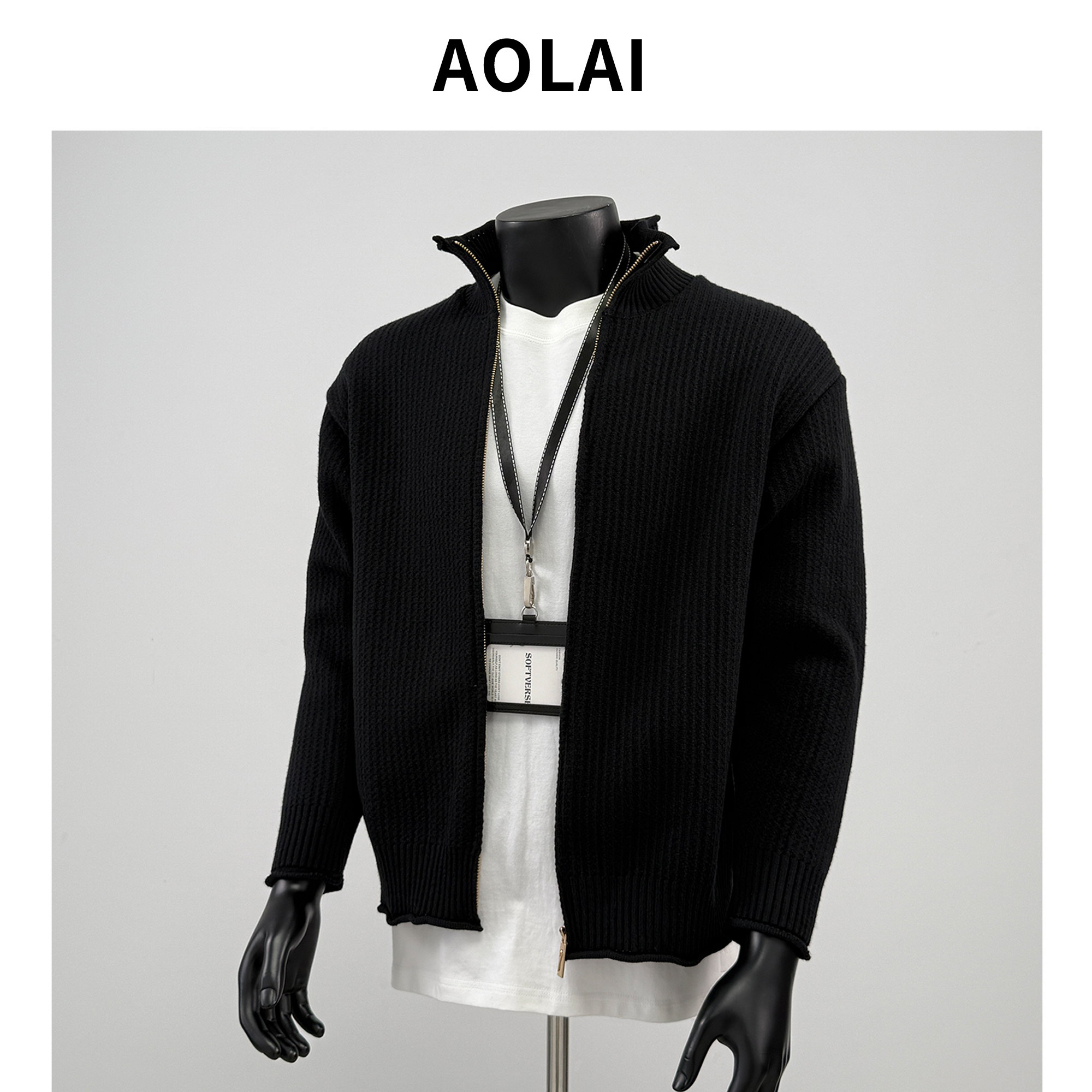 cleanfit黑色立领夹克外套男款秋季潮牌美式复古拉链针织开衫卫衣