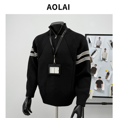 2025高级感半拉链立领针织衫男款秋冬宽松慵懒风撞色休闲毛衣外套