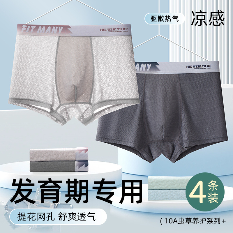 日本品质青少年男童冰丝内裤发育期抗菌薄款男孩平角学生透气四角