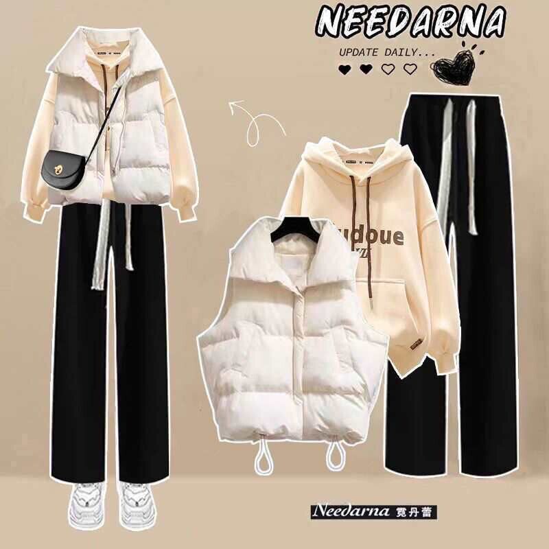 秋冬过年套装女学生韩版宽松羽绒马甲棉服+加绒卫衣+阔腿裤三件套