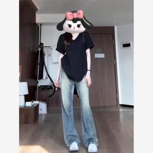 女装 欧货大版 宽松胖mm大码 t恤微胖正肩V领短袖 遮肚显瘦上衣 女夏季