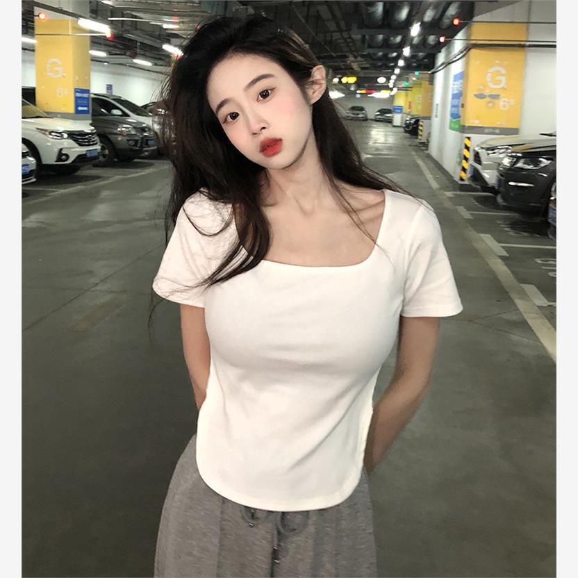 大码短袖T恤女2025夏季新款微胖mm白色正肩方领显瘦短款修身上衣