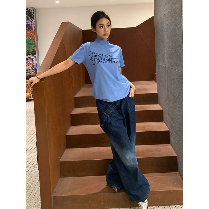 美式小高领正肩短袖女夏季新款修身显瘦t恤打底衫纯棉高级感上衣