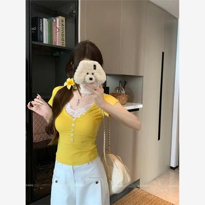 黄色蕾丝拼接v领短袖正肩