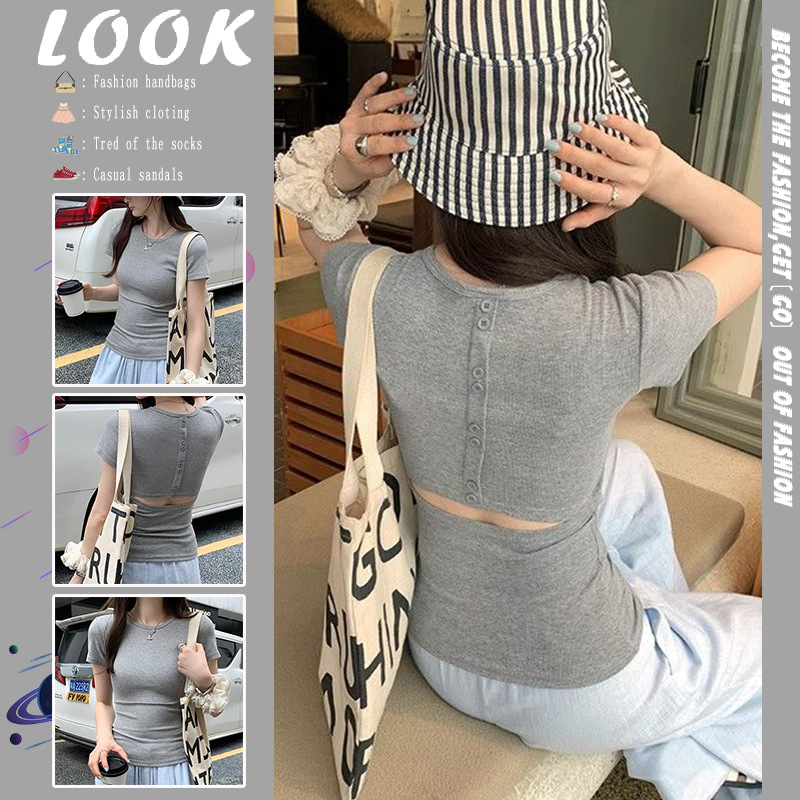 纯色休闲短袖T恤女夏季2025新款韩系chic灰色修身独特绝美小上衣