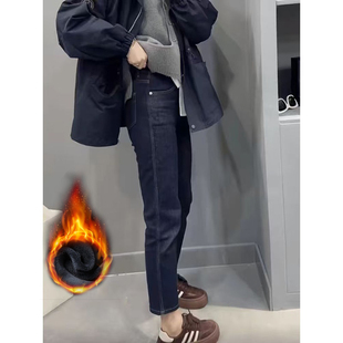 丹尼蓝加绒九分直筒牛仔裤女2025秋冬季高腰显瘦小个子百搭烟管裤