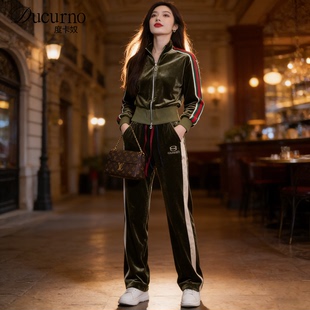 Ducurno春季金丝绒时尚气质上衣套装女2025新款大码女装两件套潮