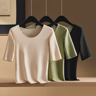 秋冬季女无痕内搭打底衫五分袖短袖t恤中袖加绒保暖内衣半袖上衣