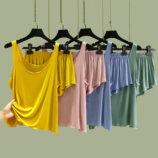 纯色两件套薄款 套装 女夏季 家居服睡衣睡裤 宽松大码 莫代尔背心短裤