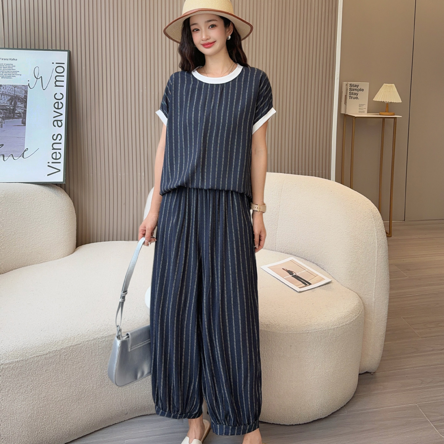夏季薄款睡衣睡裤家居服圆领短袖长裤套装女士外穿宽松休闲两件套