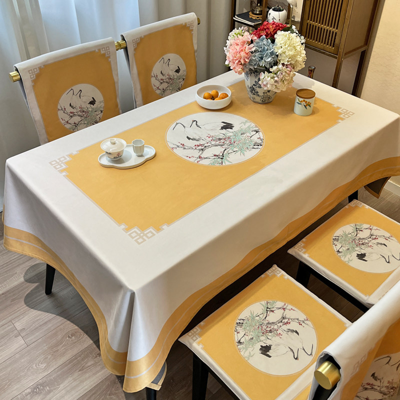 餐桌布中式仙鹤黄色金色高档丝绒椅套罩红木实木坐垫茶几盖布