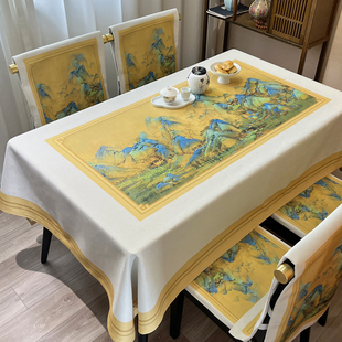 千里江山图棉麻餐桌布椅套罩中国风长方形山水画茶室客厅盖布