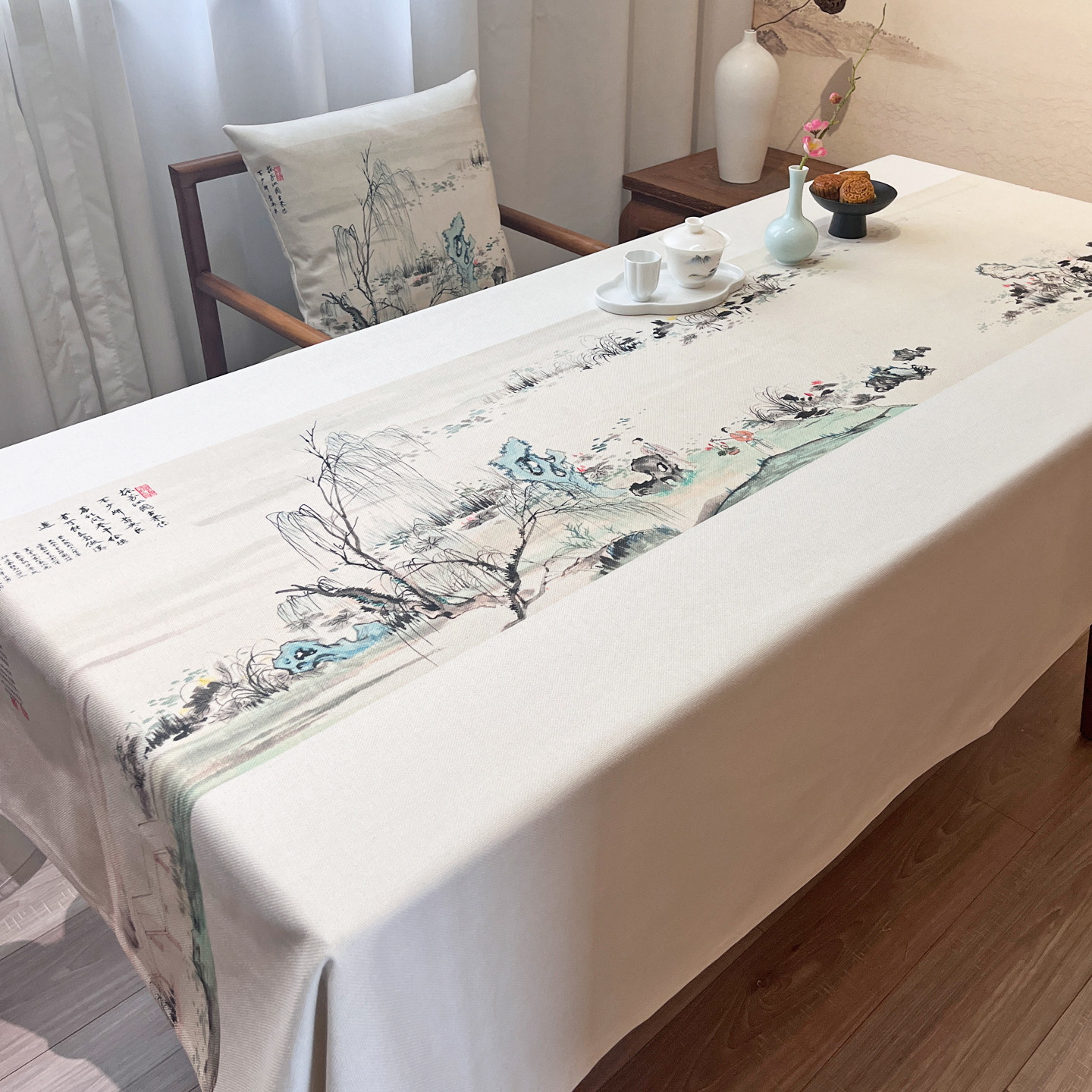 国风桌布禅意宋代美学桌布布艺棉麻防水新中式茶几布古风水墨画