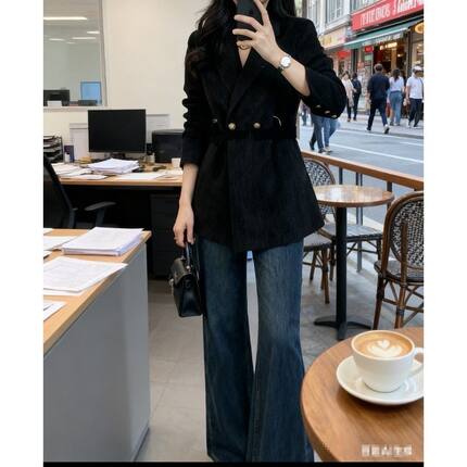 韩版春秋新款气质时尚百搭显瘦收腰显雪尼尔外套系带网红西服上衣