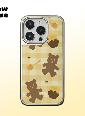 黄色格子蜂蜜小熊 黑边磁吸软壳亮面磨砂银边手机壳防摔少女全包17黑框iphone16promax苹果15plus14pm13适用