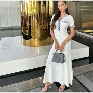 Elegant Dress neck Short Maxi Knit Women Contrasting Chic