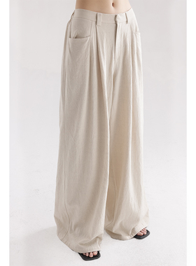 APOZi collection无极水墨系列米白色亚麻休闲显瘦垂坠感百搭长裤